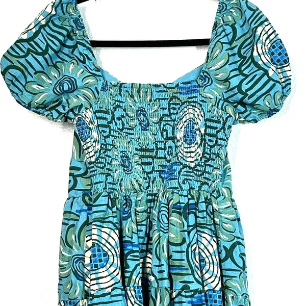 mini dress S House of Harlow 1960 turquoise floral linen puff-sleeve corset - Image 7