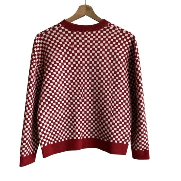 Madewell Checkerboard Jacquard Pullover Sweater S Alpaca Boxy Scarlet - Image 2