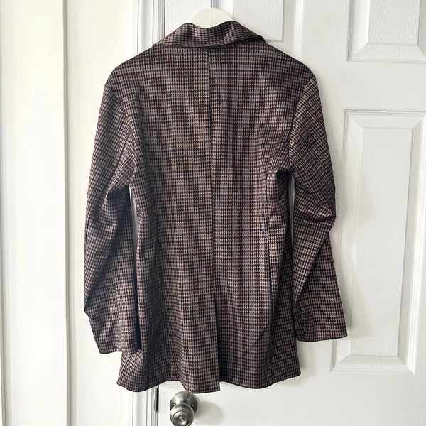 Avec Les Filles Anthropologie Brown Blue Houndstooth Longline Blazer Small 80103 - Image 8