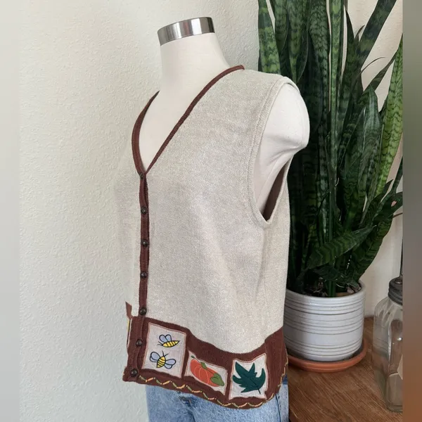 Vintage Fall Embroidered Vest Ramie Cotton Cozy Pumpkin‎ Leaf Style large - Image 6