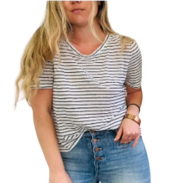 Joie Linen Eyelet Nautical Striped Cottage Scalloped Tiered Short Sleeve Top S - Image 5