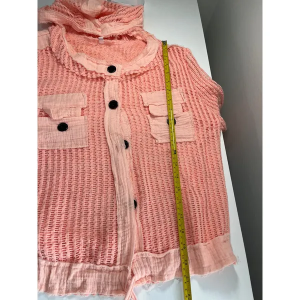 Open Knit Button Down Hooded Shirt Coral Pink‎ Mesh Drawstring Top XL - Image 8