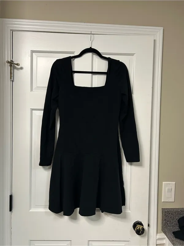 Express Black Long-Sleeve Square Neck Fit-and-Flare Dress - Image 2
