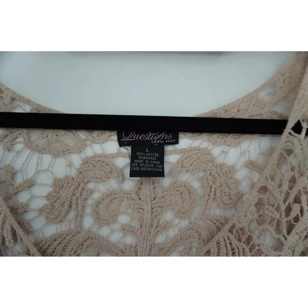 Questions by Say What? Beige Cotton‎ Crochet Lace Cardigan Top V-Neck Large - Image 3