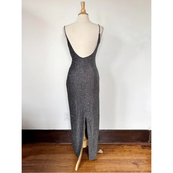 Jump Vintage 90s Black + Silver Glitter Full Length Sleeveless Prom Dress - Image 3