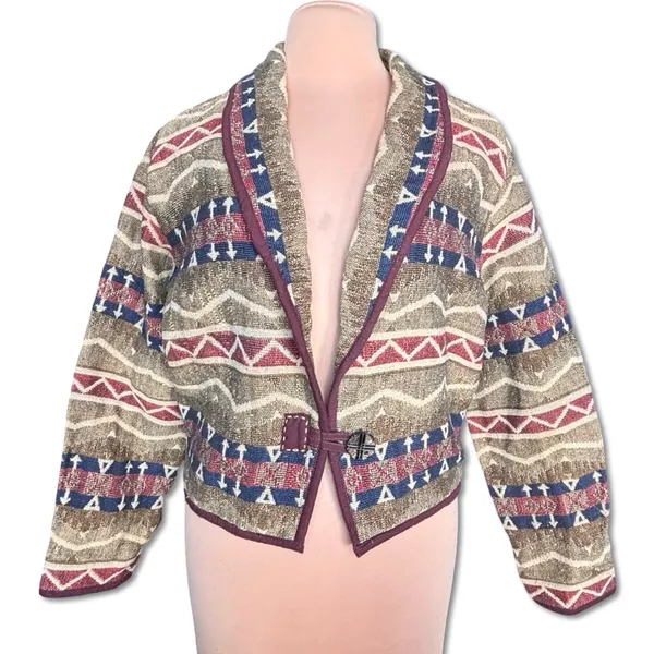 90s Southwestern Tapestry Jacket‎ Medium Cotton Cropped Boho Cowgirl Western - Image 11