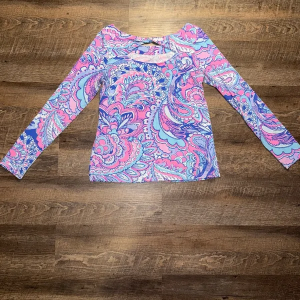 Lilly Pulitzer Pink and Blue Long Sleeve Cut Out Blouse - Image 6