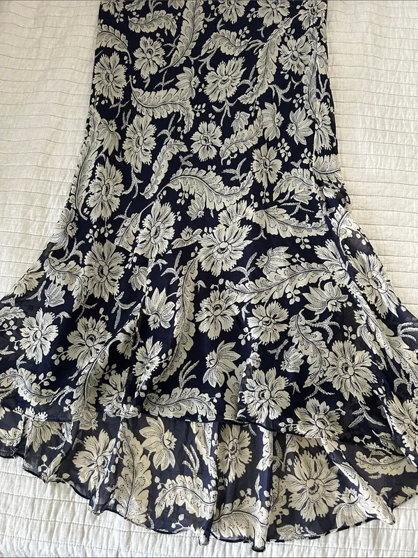 Ralph Lauren Vtg navy beige boho western country floral pull on midi skirt 10 L - Image 13