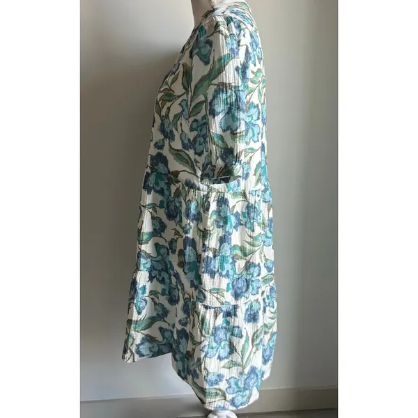 Garnet Hill Blue Floral Printed Organic Cotton Tunic Mini Dress Layered Size S - Image 3