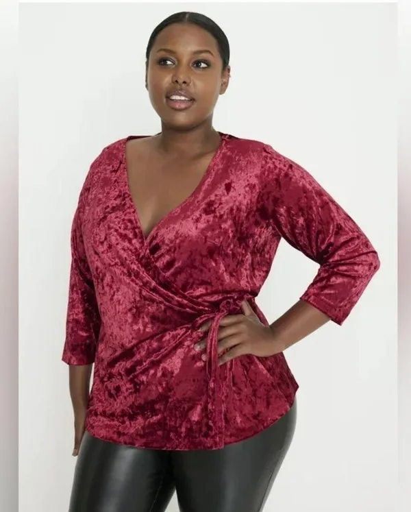 Inner Beauty Burgundy Red Crushed Velvet Surplice Front 3/4 Sleeve Top Size 2X - Image 4