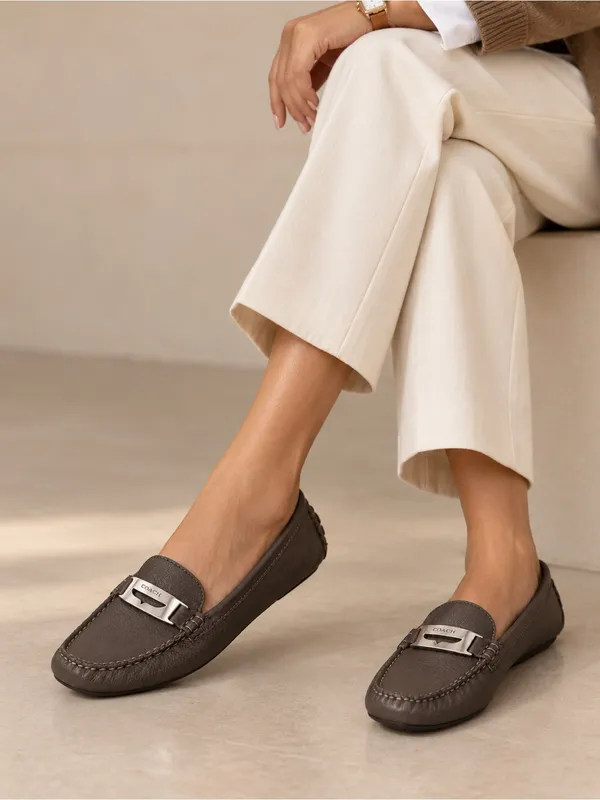Coach Brown Leather Slip-On Driving Loafers with Silver Hardware Studded Sole - Image 8