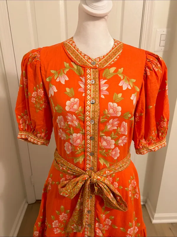 A Loves A Floral Puff-Sleeve Orange Belted Linen Mini Dress New Size Small - Image 8
