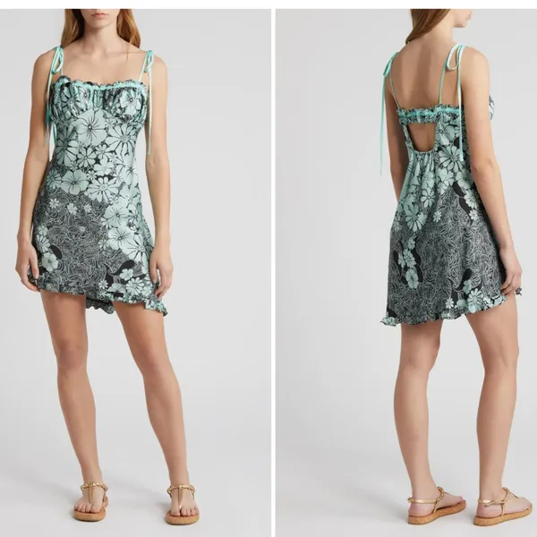 NWT Free People Retro Daisy Asymmetric Slipdress Large, BLACK COMBO - Image 2