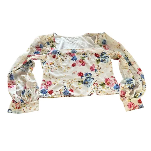 LPA CORA FLORAL LONG puff SLEEVE SQUARE NECK CROPPED BLOUSE TOP M - Image 5