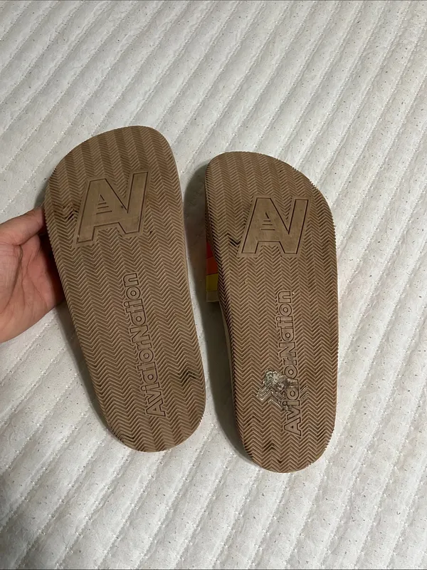 Aviator Nation Beige Slide Sandals with Rainbow Stripes and Blue Logo - Image 4