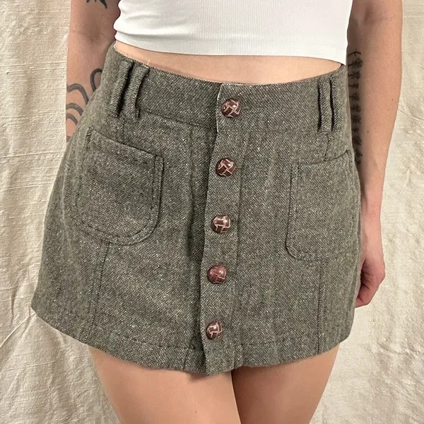 VTG Y2K American Eagle Green Tweed Wool-Blend Low-Rise Mini‎ Skirt Preppy Medium - Image 3