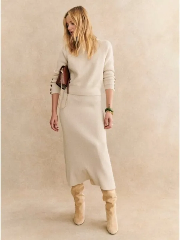 NWT Sezane Naelle in Natural Merino Wool Cotton Midi Sweater Skirt XL - Image 8