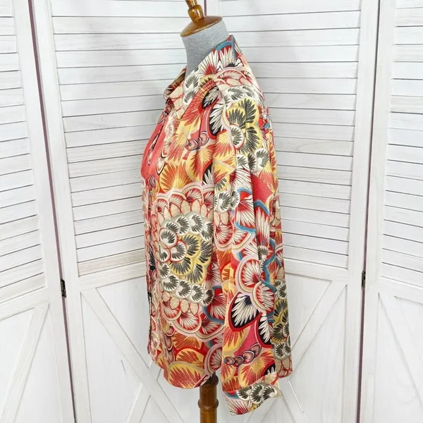 Jodifl Boho‎ Printed Satin Button Up Blouse Shirt Orange Multi Large - Image 3
