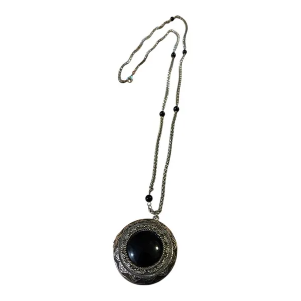 Vintage Black Onyx Cabochon Stone Silver Locket Necklace, One Size - Image 5