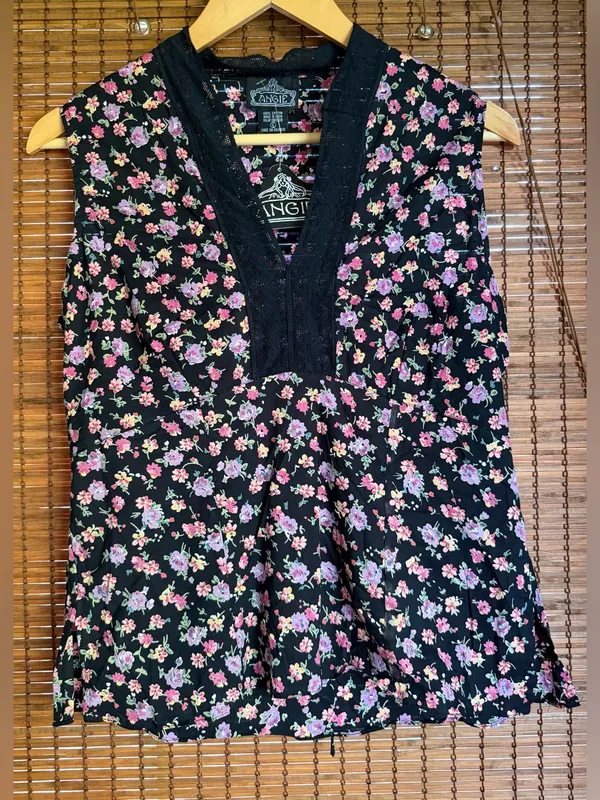 Vintage Angie Floral Tunic Top Large Black Boho V Neck NWT Y2K - Image 2