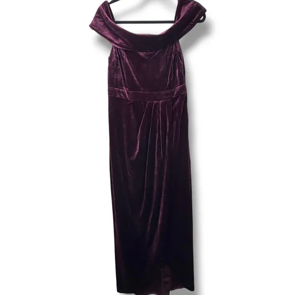 NEW Lulus I'm Enchanted Burgundy Velvet Off-the-Shoulder Tulip Dress Medium - Image 6