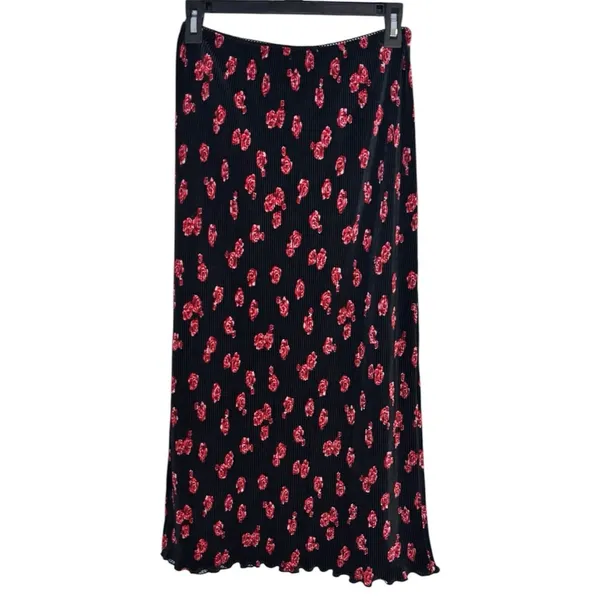 Black Midi Skirt with Red and Pink Floral Print Size Medium - Image 2