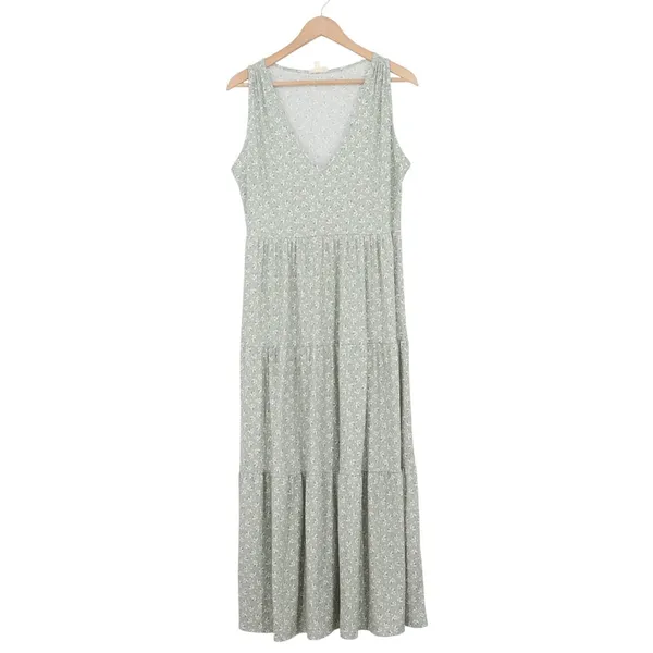 See You Monday Sage Green Floral Ribbed V-Neck Tiered Maxi Dress Womens Large - Image 2