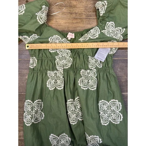 CIEBON Serbita green white Embroidered tiered peasant Dress Size Small Linen - Image 11