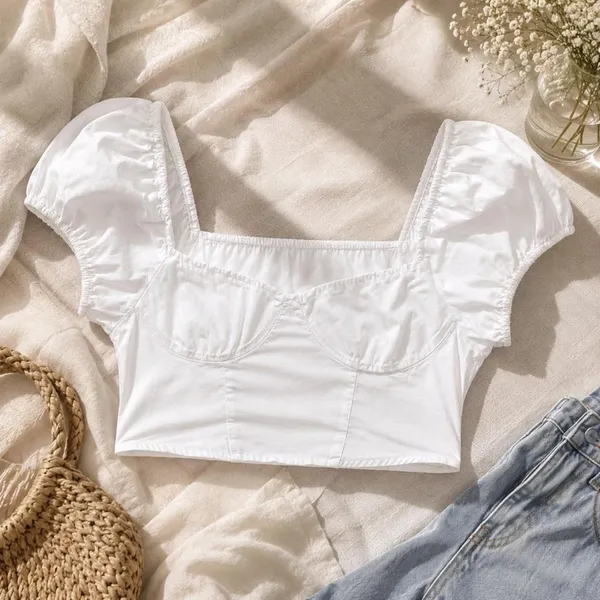 H&M Divided White Puff Sleeve Milkmaid Crop Top Coquette M - Image 3