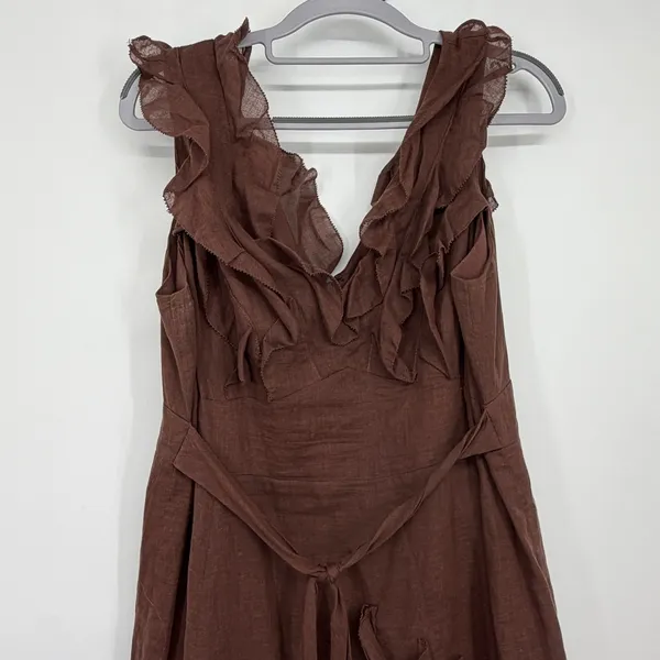Vintage Intuitions Brown Ruffle Dress Cotton Boho Prairie Midi‎ Size 8 - Image 4