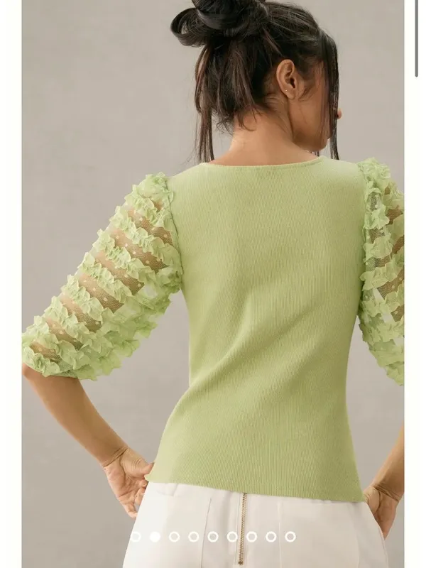 Anthropologie Dolan Puff Sleeved Blouse Size‎ Medium Green Polka Dot Ruffle Coquette Fairycore - Image 2