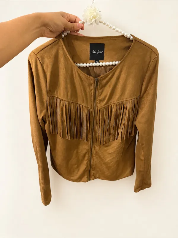 Me Jane Size Medium Women’s Faux Suede Fringe Jacket Brown Western Boho Zip - Image 6