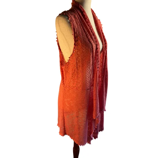 Coral Lace Crochet Long Vest Open Front Draped boho sleeveless - Image 5