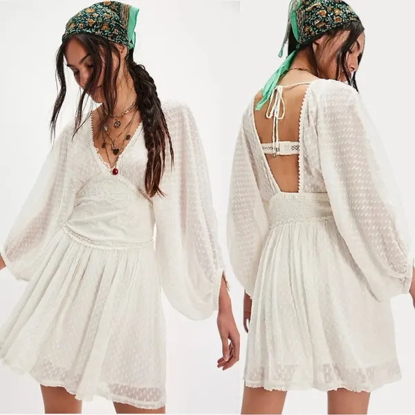 Free People Bohemian Ethereal Cottage Sweet Dreams Mini Dress in Tofu Medium - Image 11