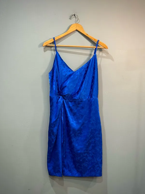 Blue Lulu's Satin Jacquard Side Knot Wrap Dress Size L EUC - Image 4