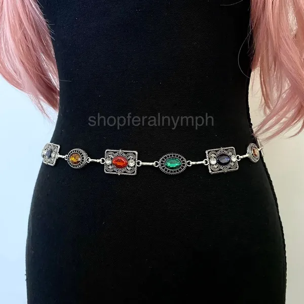 Silver Y2K Multicolor Jewel Whimsygoth Chain Belt, Fits 27-55 Inches, X7GA1416 - Image 4