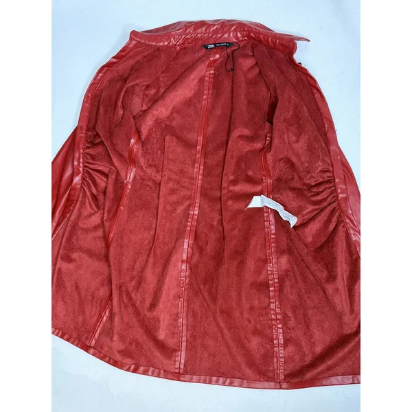 Zara Womens Faux Leather Ruched Mini Shirt Dress Red Long Sleeve XS - Image 6