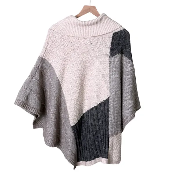 White House Black Market Wool Cowl Neck Patchwork Poncho Sweater Grey Medium - Image 5