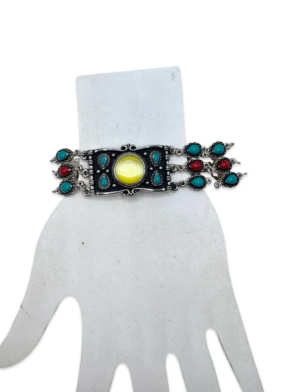 Boho Southwestern Multi-Stone Statement Bracelet Yellow Cabochon Silver Tone - Image 3