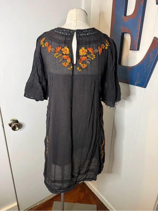 Free People Black Embroidered Floral Tunic Dress - Orange Floral Detail Sz S - Image 2