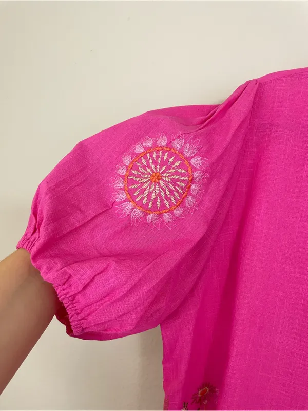POL Bright Pink Embroidered Puff Short Sleeves Button-Front Blouse Size Large - Image 5