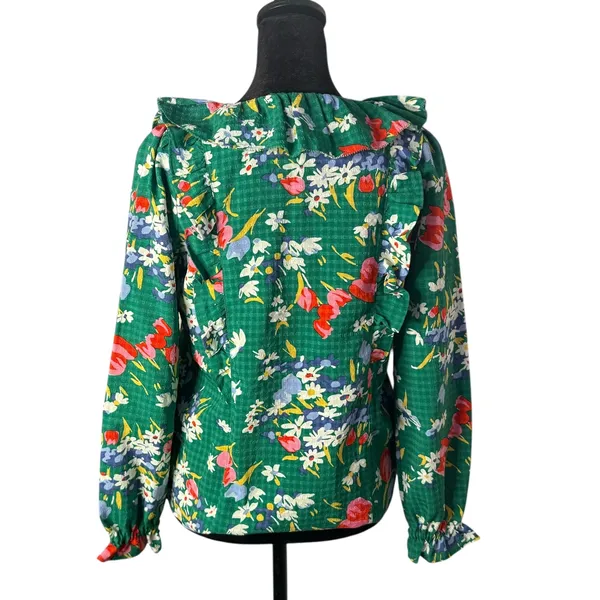 LOFT Green Floral Blouse Ruffle Tie Neck‎ Size XXSP Fairy Cottage Feminine - Image 5