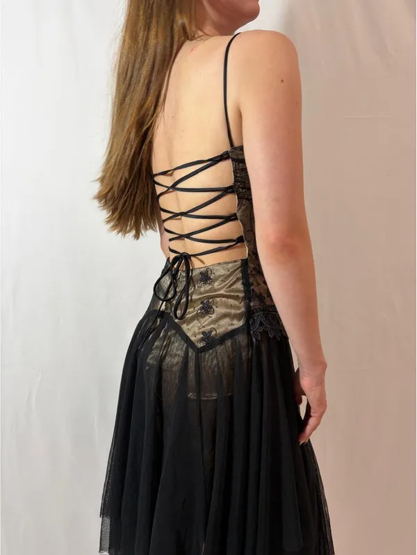 Black Mesh Overlay Embellished Corset Vintage Masquerade Formal Dress - Image 9