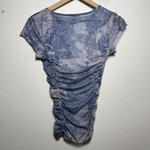 Free People Women Keep it Simple‎ Mesh Baby Tee Top XS Blue Celestial Ruched - Image 5