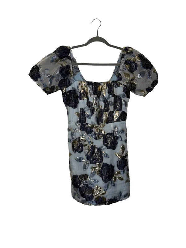💙 Lulus Blue Floral Metallic Jacquard Puff Sleeve Mini‎ Dress XL 💙 - Image 2