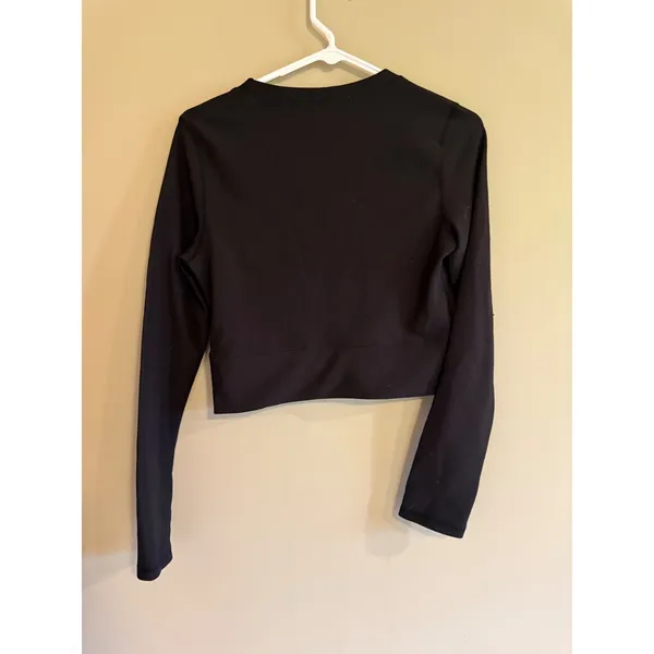 Move Theology‎ Womens Black Ribbed Long Sleeve Crop Top Activewear Gym Shirt M - Image 3