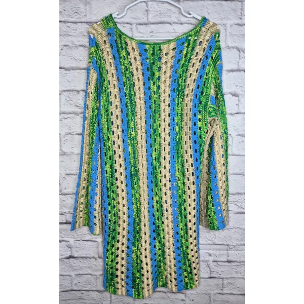 Olivaceous Phoenix Open Knit Crochet Dress Swim Coverup Green Blue Striped L NWT - Image 4
