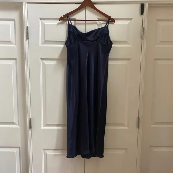 Y2K Bebe Slip Dress XL Navy Blue Cowl Neck Satin Midi Cocktail - Image 8