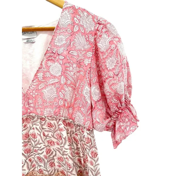 Saylor Leigha Mini Dress S Pink Patchwork Puff‎ Sleeve Tiered Boho Cottagecore - Image 2