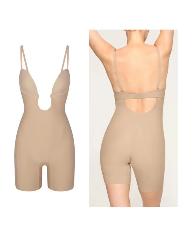 SKIMS All In ONE Deep Plunge Shapewear Mid Thigh Bodysuit size L Clay NWT - Image 2